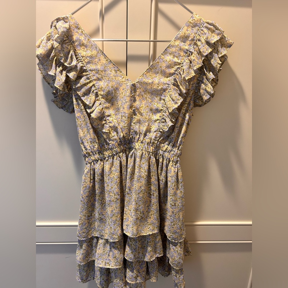 Altar'd State Tan and Blue Ruffled Smocked Dress